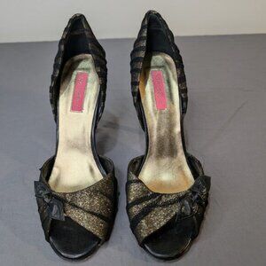 Betsey Johnson D'Orsay Heels Black & Gold Glitter Peep Toe Womens Size 9